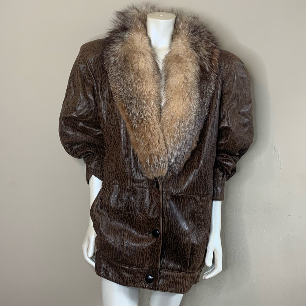 Vintage 80s Leather Jacket Faux Fur Collar